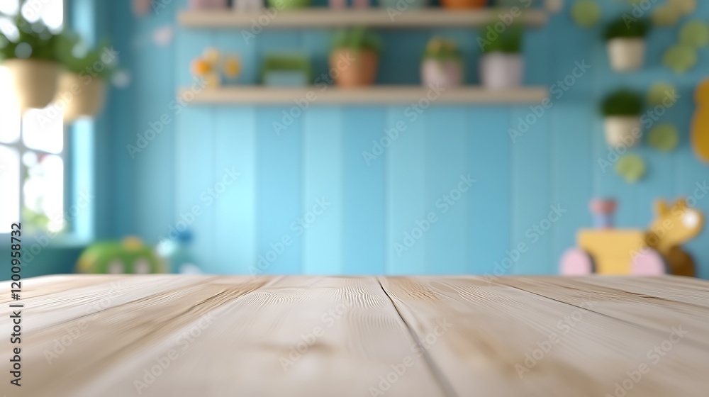 Poster Rustic Wood Tabletop with Blurred Greenery Blue and Orange Background : Generative AI