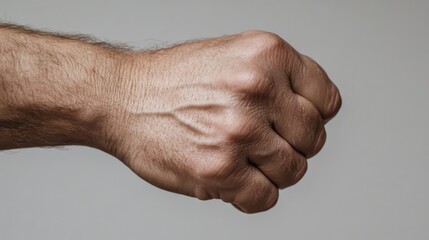 Close-up of a man's clenched fist against a neutral background.