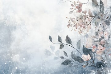 A frosty winter background with soft watercolor textures, botanical leaves, and snow-dusted flowers in pastel tones.