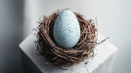 Obraz premium A single speckled Easter egg resting in a delicate bird's nest on a white wooden surface