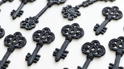 Vintage seamless black silhouettes of medieval victorian skeleton keys pattern over white background, adorned by decorative elements with fleur-de-lis motif. Scrapbook page backdrop or interior design