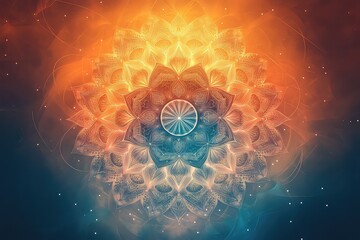 A glowing mandala pattern with subtle geometric details, overlaying a warm-to-cool gradient background.