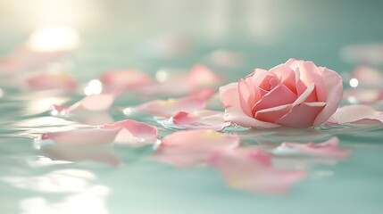 Soft pink rose petals gently floating in a serene pastel background creating a dreamy and peaceful atmosphere