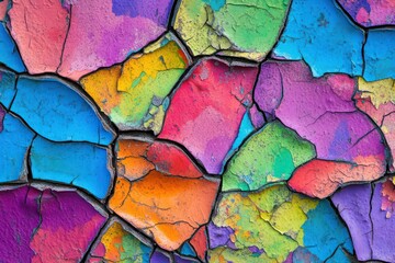 Cracked paint peeling away to reveal vibrant underlayers and natural weathered patterns
