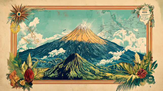 Bicol Region V of Philippines. Vector travel plate, nostalgic tin sign, retro welcome postcard or signboard. Souvenir card with Mayon Volcano, map of territory and ornaments design
