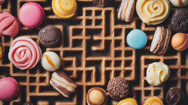 Labyrinth maze. Cartoon sweets, dessert and cake characters. Kids find way riddle, children maze puzzle vector worksheet with cheerful waffle, maracon and chocolate candy, cheesecake, pudding, cookie