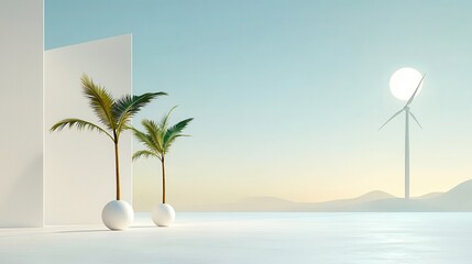 Obraz premium Renewable energy collaboration for sustainable communities. Modern landscape with palm trees and a wind turbine at sunset.
