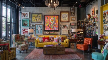Vibrant eclectic living room interior design with colorful artwork and furniture