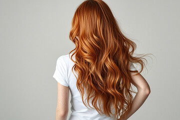 Obraz premium Closeup of happy attractive young woman with long wavy red hair and freckles wears stylish t shirt looks happy and smiling isolated over white background