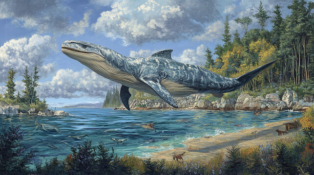 Cartoon basilosaurus dinosaur character. Isolated vector predatory marine wildlife. Prehistoric archaeocete whale from late Eocene. Aquatic animal, reptile with flippers. Water monster lived in ocean