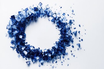 A futuristic composition of abstract blue particles and geometric fragments aligned in a circular formation on a clean background.