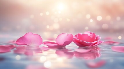 Fototapeta premium Soft pink rose petals floating gently on a pastel background filled with light creating a calm and peaceful ambiance