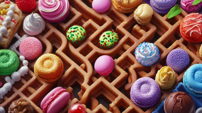 Labyrinth maze. Cartoon sweets, dessert and cake characters. Kids find way riddle, children maze puzzle vector worksheet with cheerful waffle, maracon and chocolate candy, cheesecake, pudding, cookie