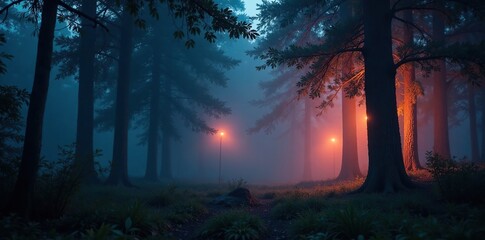 Flickering tree lights in a serene forest fog, woods, night