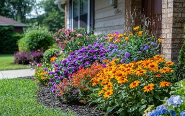 A colorful flowering bush with vibrant blooms near a home, shot in natural light