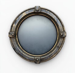 Antique round porthole window frame isolated on white.