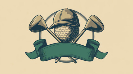 Golf sport icon with crossed clubs, golfer club championship vector emblem. Golf sport and recreation game or league club sign with golfer cap hat, ball and clubs on green ribbon