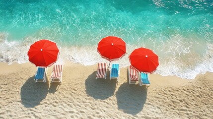 Three red beach umbrellas shading lounge chairs on a pristine sandy beach