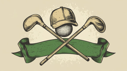 Golf sport icon with crossed clubs, golfer club championship vector emblem. Golf sport and recreation game or league club sign with golfer cap hat, ball and clubs on green ribbon