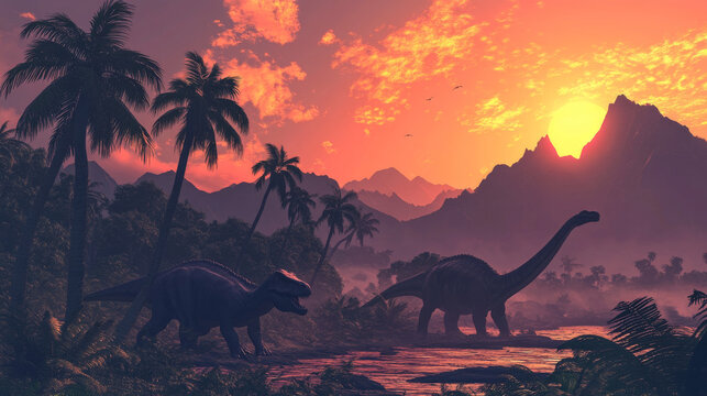Tropical forest sunset with prehistoric dinosaurs silhouettes, vector horizontal banners. Tyrannosaurus, brachiosaurus and dimorphodon dinosaurs, mountains, palm trees and setting sun silhouettes