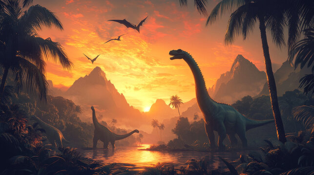 Tropical forest sunset with prehistoric dinosaurs silhouettes, vector horizontal banners. Tyrannosaurus, brachiosaurus and dimorphodon dinosaurs, mountains, palm trees and setting sun silhouettes