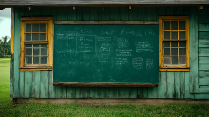 Rural chalkboard lesson plan, farm background