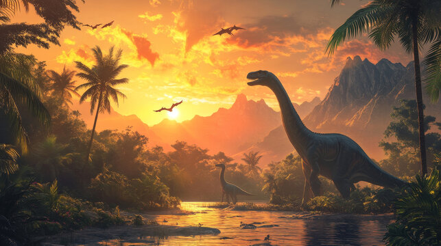 Tropical forest sunset with prehistoric dinosaurs silhouettes, vector horizontal banners. Tyrannosaurus, brachiosaurus and dimorphodon dinosaurs, mountains, palm trees and setting sun silhouettes