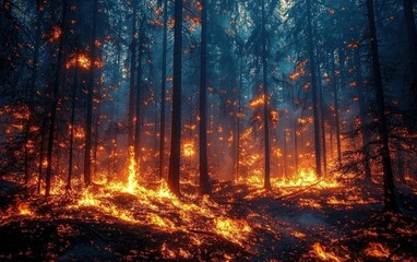 A dense forest ablaze, with burning tree branches and glowing cinders scattering in the wind