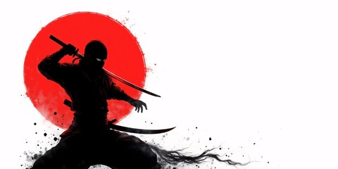 Obraz premium Shadowy Ninja, katana held high, against a vibrant red sun. A powerful, artistic depiction of a warrior.