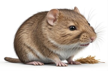 A cute, fluffy brown mouse sits on a white background, next to a small pile of hay.