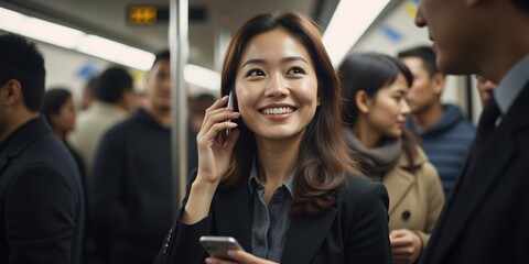 Obraz premium Smiling businesswoman on a busy commute, happily chatting on her phone, showcasing modern urban life.