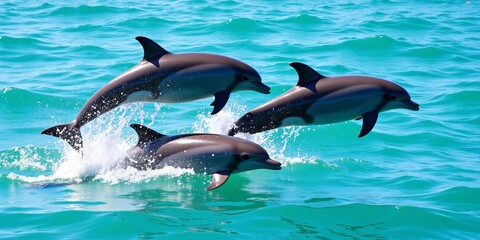 Obraz premium Three dolphins leap joyfully in turquoise ocean waters, a breathtaking display of aquatic grace and freedom. Pure marine magic!