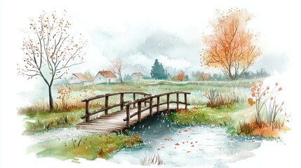 A serene watercolor landscape featuring a quaint wooden bridge over a gentle stream, surrounded by autumn trees and peaceful countryside scenery.
