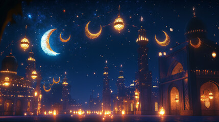 Eid Mubarak festival celebration greeting poster for Islamic Muslim religious holiday. Vector traditional Arabian Mubarak design of lantern light, crescent moon over mosque and twinkling star