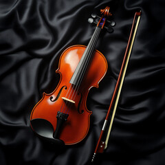 Fototapeta premium Elegant wooden violin and bow resting on black satin fabric in soft lighting