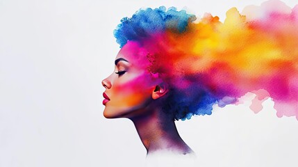 Fototapeta premium Minimalist watercolor idea. A vibrant portrait of a woman with colorful hair representing creativity and individuality.