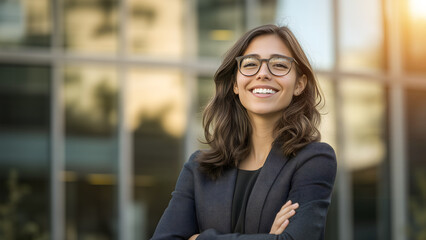 Young and confident business woman standing outside modern glass building. Lady Entrepreneur showing business growth and success concept	