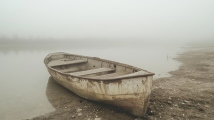 Old weathered boat on foggy lake shore.