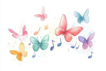 Colorful watercolor butterflies dance gracefully among musical notes, symbolizing joy and harmony in nature, adding beauty to any design or project.