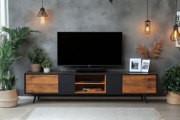 Modern black and oak-colored TV stand with drawers and open cabinet for display, metal legs, gray background wall, light-colored carpet, and warm atmosphere.