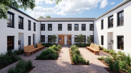 Renewable energy collaboration for sustainable communities. Modern courtyard with greenery and benches in a residential setting.