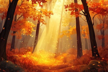 A glowing autumn background of maple trees in peak foliage, with light streaming through the branches.