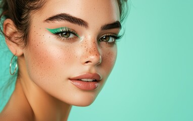 Naklejka premium A radiant woman with bold eyeliner in emerald green, neutral lipstick, and glowing skin, set on a pastel turquoise background