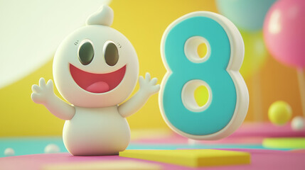 Adorable happy number 8 with a lopsided smile waving its hands suitable for a childs birthday celebration. Cartoon vector illustration on white