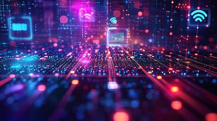 Digital data streams flow across a network, showing connectivity and technology