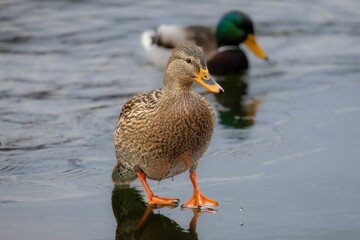 Female mallard duck standing on water