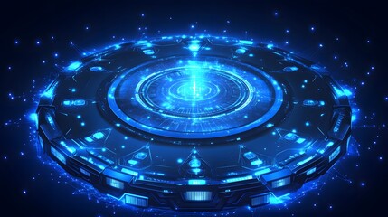 Obraz premium Futuristic Circular Spaceship with Glowing Blue Lights