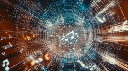 Fototapeta premium 3D music notes flying in a futuristic digital space with motion blur, depth of field, and bokeh effect in blue and orange tones, creating a hyper-realistic scene.