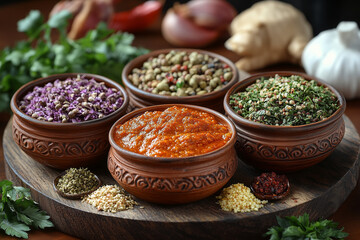 Variety of spices in traditional clay bowls
