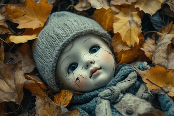 Damaged porcelain doll lies amongst autumn leaves